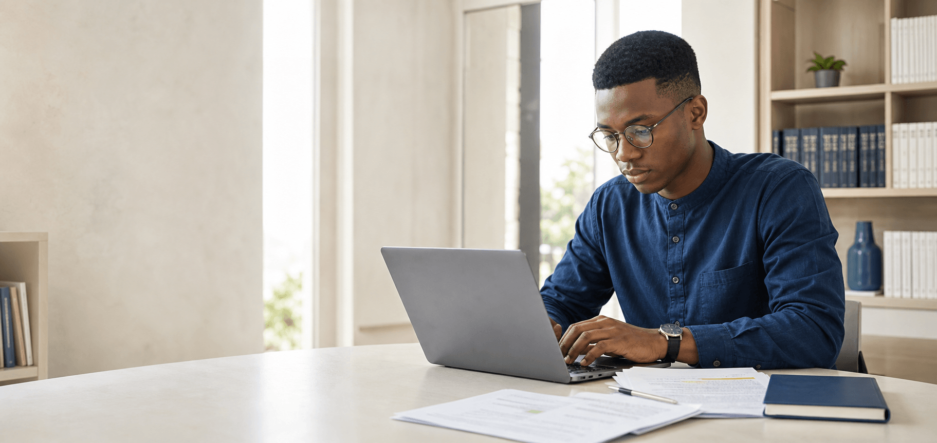 Apprenant en droit travaillant sur son ordinateur dans une bibliothèque lumineuse